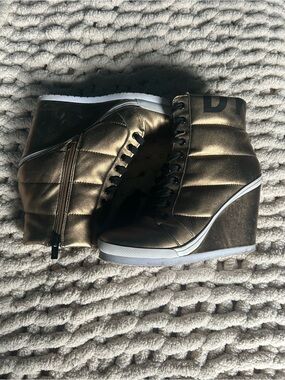 DKNY Metallic Bronze Wedge High-Top Sneakers